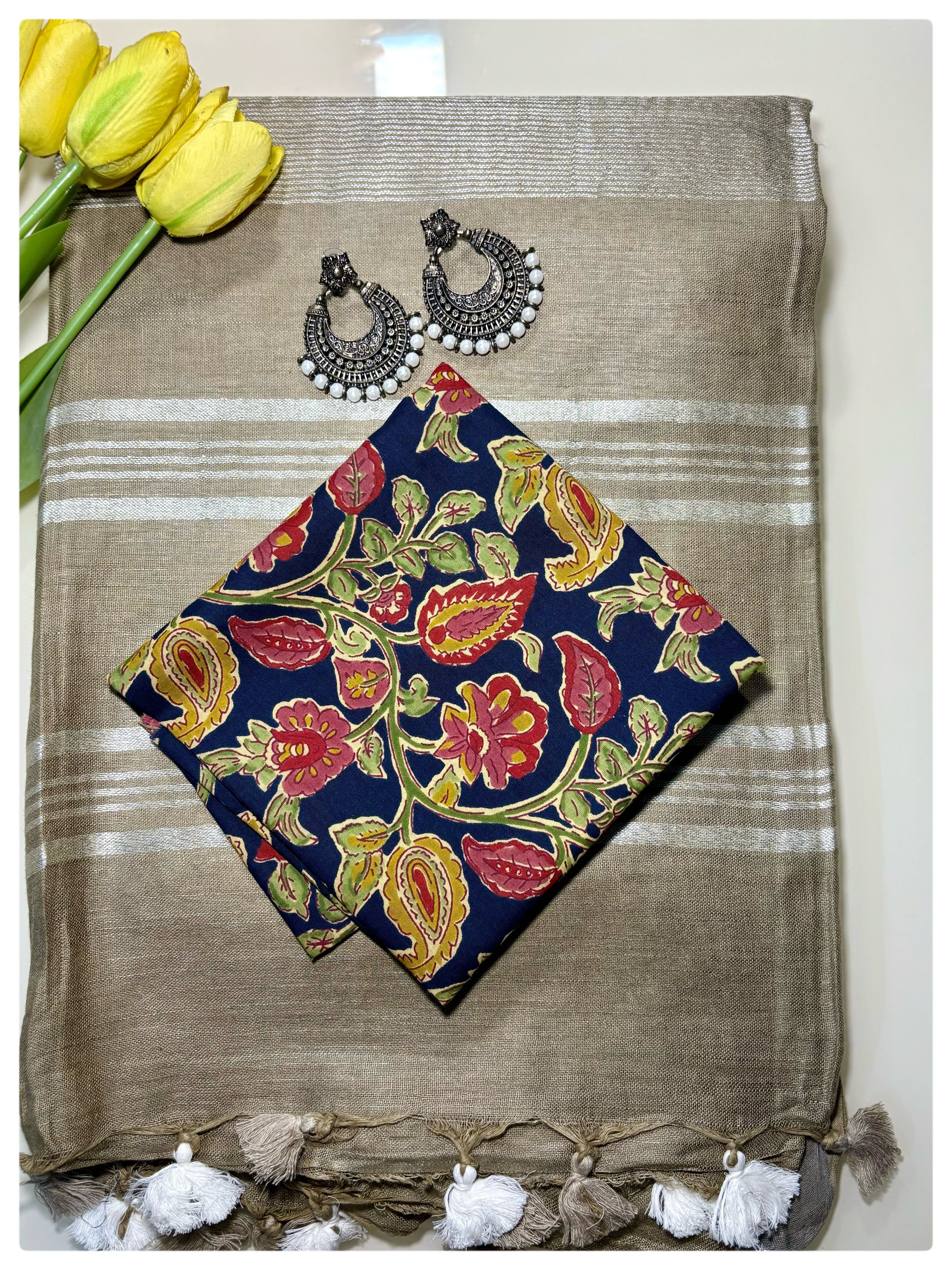 Beige Linen Saree with BlockPrint Blouse