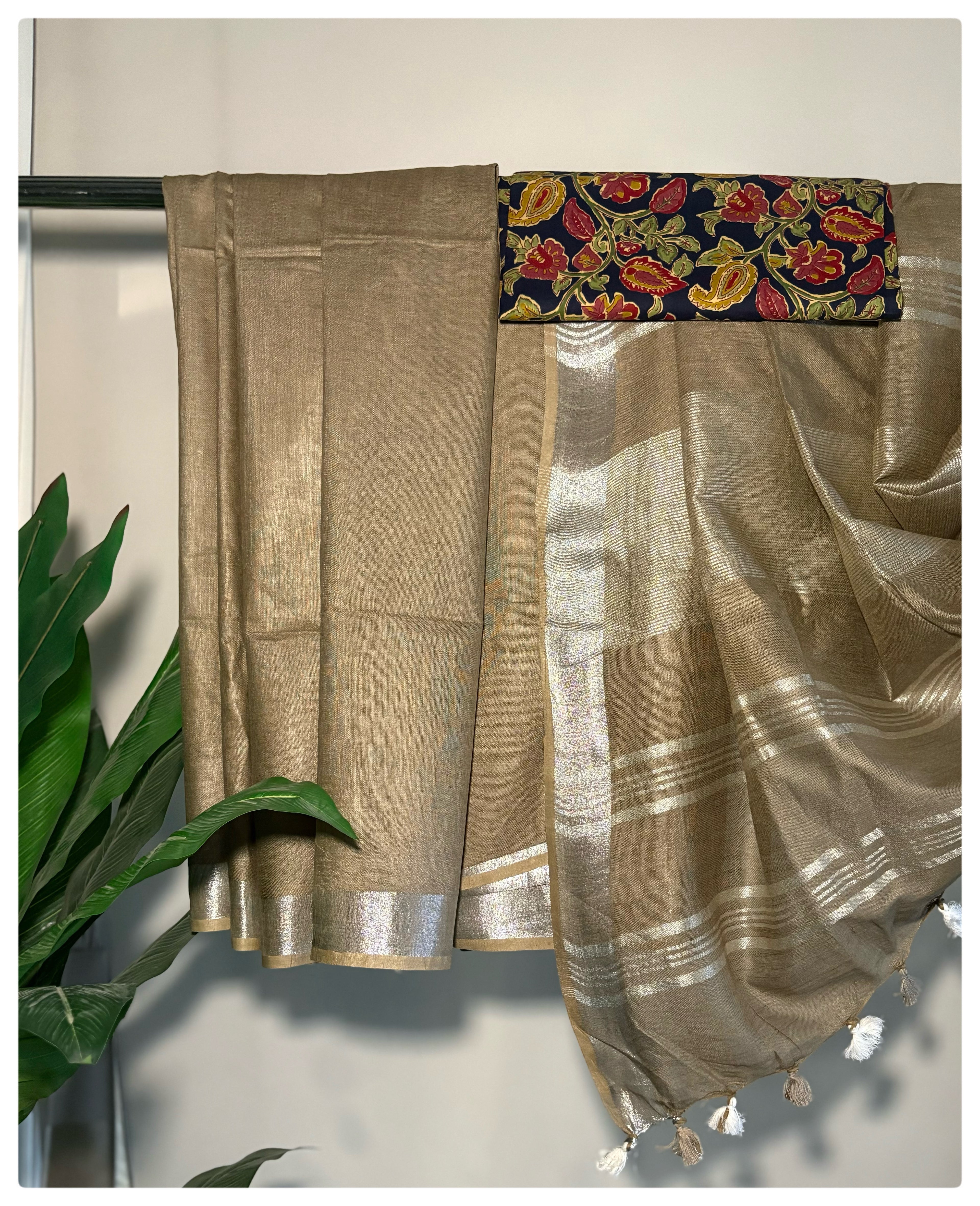 Beige Linen Saree with BlockPrint Blouse