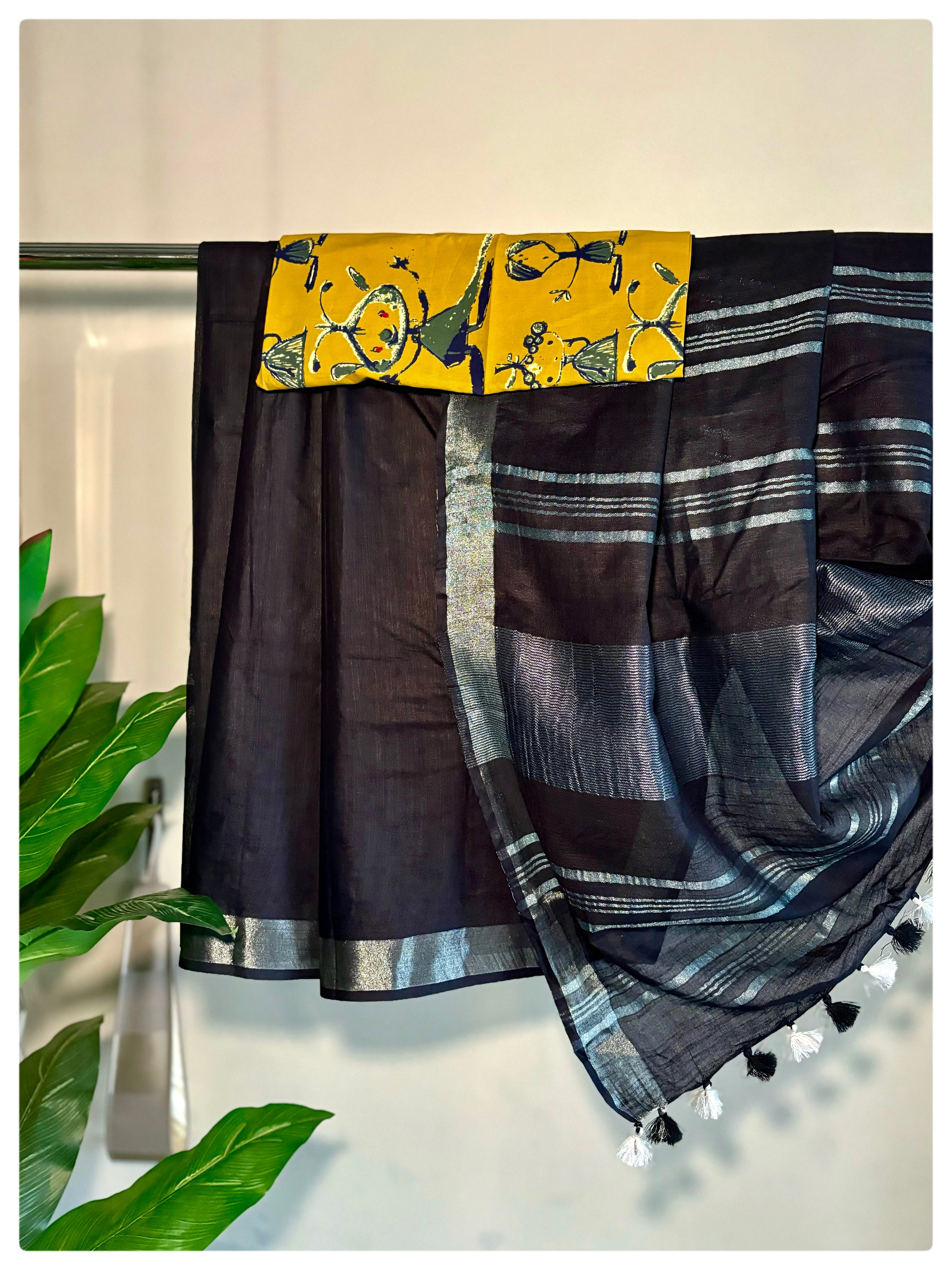 Black Linen Saree with Yellow Blouse