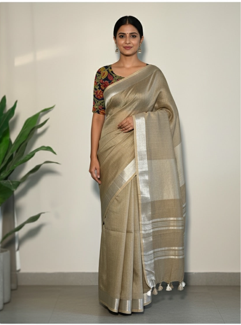 Beige Linen Saree with BlockPrint Blouse
