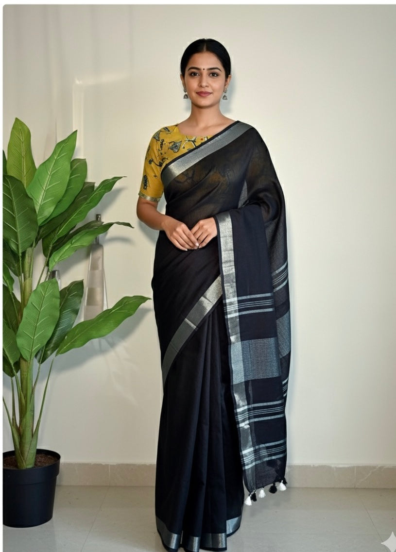Black Linen Saree with Yellow Blouse