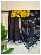 Black Linen Saree with Yellow Blouse