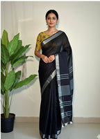 Black Linen Saree with Yellow Blouse
